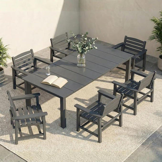 7-Piece Outdoor Dining Set with Aluminum Frame for 6,Gray | HDPE material, 2" umbrella hole, patio table and chairs, ideal for yard, lawn, garden, balcony, deck, poolside
