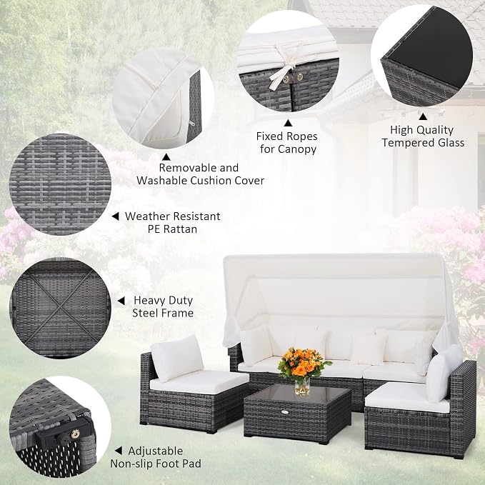 Tangkula 6-Piece Patio Furniture Set w/Retractable Canopy, Outdoor Conversation Set w/3-Seat Daybed Sofa, Soft Cushions and Tempered Glass Coffee Table, All-Weather PE Rattan Sectional Sofa Set