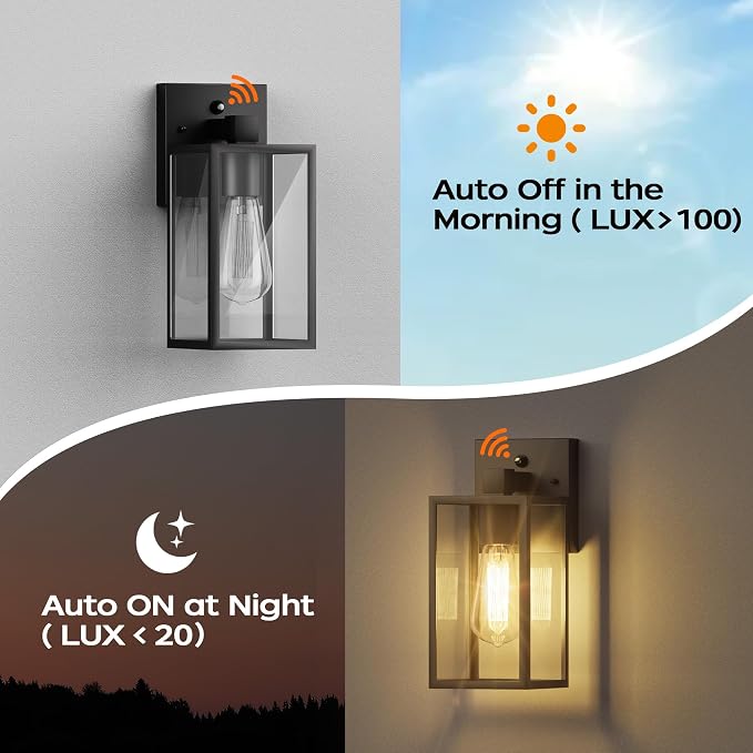 2Pack Dusk to Dawn Outdoor Lighting Fixture for House, Exterior Porch Light | 10.65 inch, Anti-Rust Metal Frame, Tempered Glass, E26 Base, Waterproof, Wall Sconce for House, Patio, Garage, Entryway