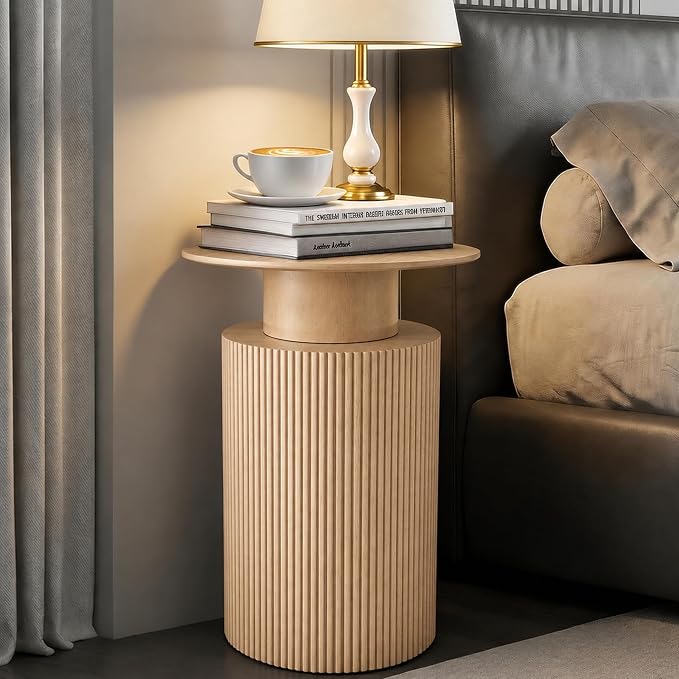 24" Fluted End Table Reversible, Hidden Storage, Natural Oak | Mid Century Modern Nightstand, Bedside Table, Cylinder Side Table, Pre-Threaded MDF, for Bedroom Living Room Office