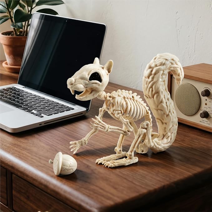JOYIN Squirrel Skeleton Halloween Decoration 9.1 Inch Animal Posable Skeletons Movable Joints Plastic Bones with Pine Cones for Halloween Haunted House Decor Spooky Scene Garden Patio Party Prop