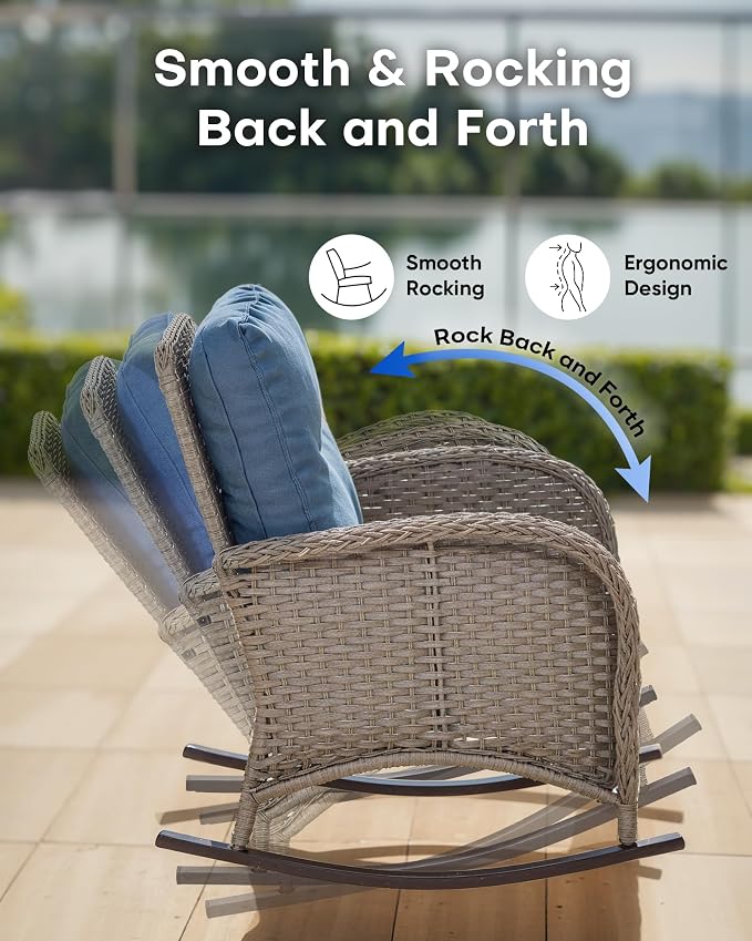 Outdoor Rocking Chairs Set of 2-Patio Table and Chairs Set Outdoor Conversation Furniture Sets for Deck Porch Garden Balcony Poolside-Grey/Blue