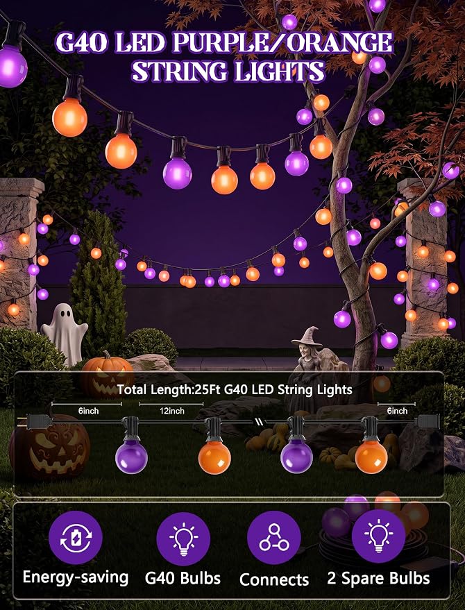Orange and Purple Halloween Lights Outdoor, 25Ft 27 G40 Shatterproof Bulbs | Connectable Globe Patio Lights, Waterproof Halloween Decorations Lights for Outdoor Indoor Patio Home Party Garden Yard Decor