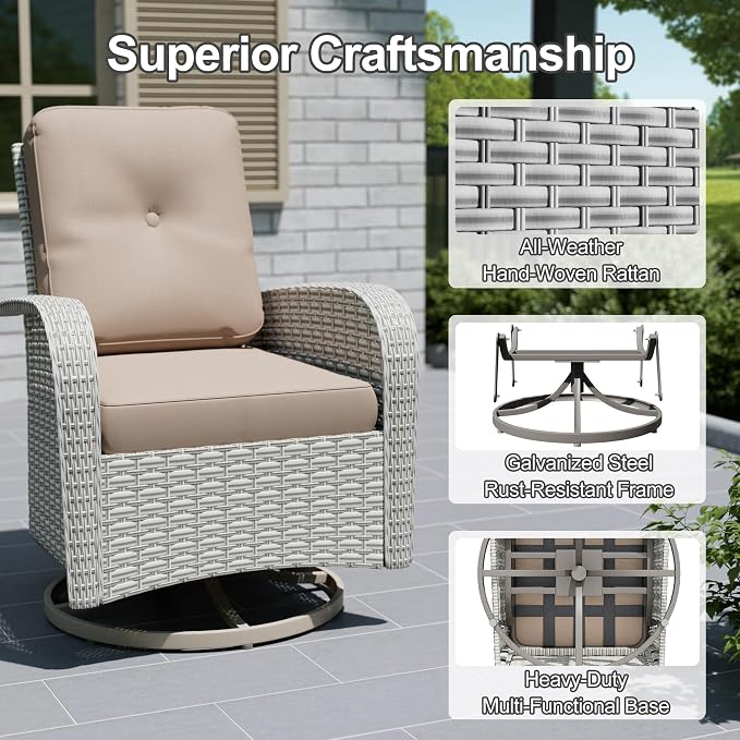 12-Piece Outdoor Patio Furniture Set with Fire Pit, Modular Sectional Sofa Set with Swivel Rocker Chairs & Ottomans, Wicker Outdoor Couch Conversation Sets w/Coffee Table and Cushions, Khaki