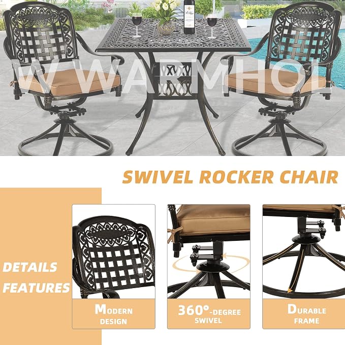 5 Piece Patio Dining Set, Outdoor Table and Chairs Set for 4 Cushioned Swivel Rocking Chairs and 35.4'' Square Table, All-Weather Cast Aluminum Patio Funiture Set, 2.2'' Umbrella Hole