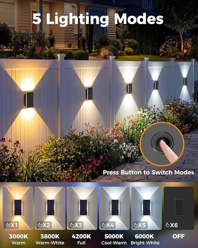 Solar Fence Lights Outdoor 6 Pack, 5CCT(3000K-6000K) Up and Down Solar Wall Lights, IP65 Waterproof Dusk to Dawn Wood Fence Lights Solar Powered for Patio, Porch, Backyard, Garage, Wall Decor