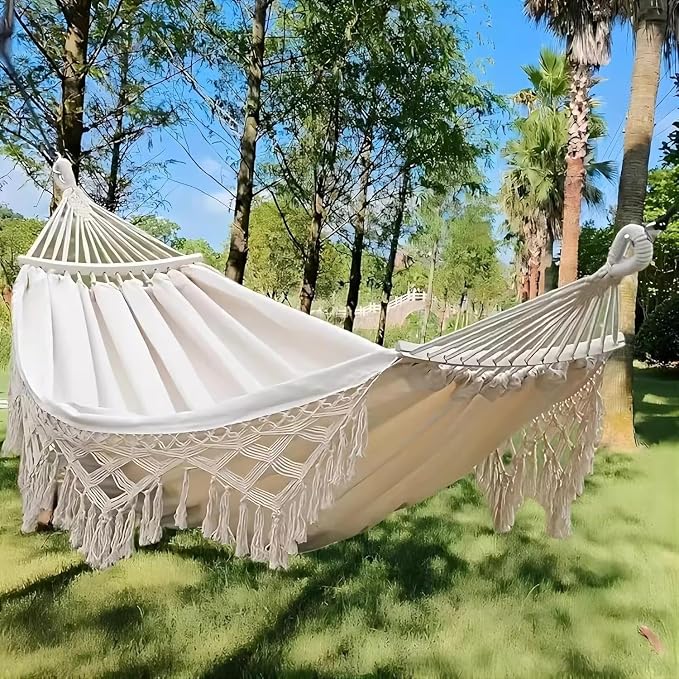 Double Hammock with Tassels, Cotton Canvas Portable Hanging Swing for Indoor Outdoor Use, 150kg Load Capacity, Ideal for Camping and Garden Relaxation