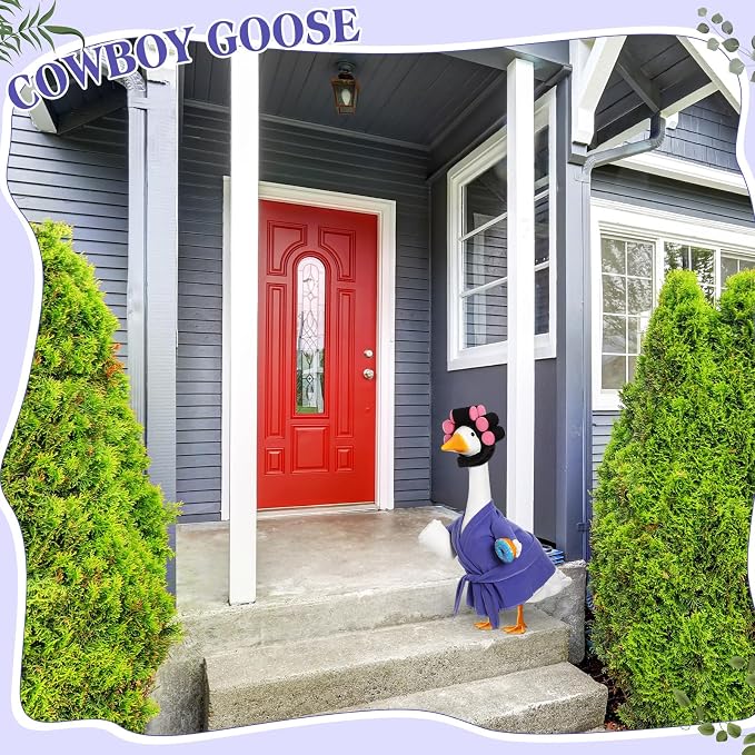Shyyween Lady Porch Goose Outfit 23 Inch Purple Robe Goose Clothes with Curlers and Coffee Cup Porch Geese Accessories for Cement/Plastic/Concrete Statue Outdoor Yard Decoration