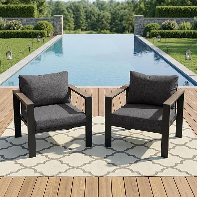Patio Furniture Armchair Set of 2, All-Weather Patio Sofa with Washable Thick Cushion, Deluxe Aluminum Modern Outdoor Sectional for Porch, Balcony, Deck, Yard, Dark Gray