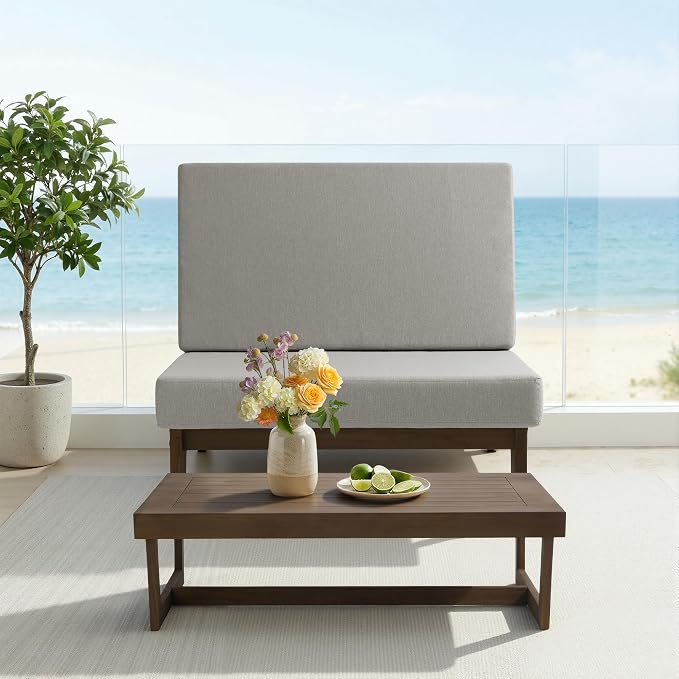 4 Piece Wood Outdoor Patio Frutnire Set, 4 Seater Patio Conversation Sets with Thick Cushions, Outdoor Sectional Furniture with Coffee Table - Light Camel