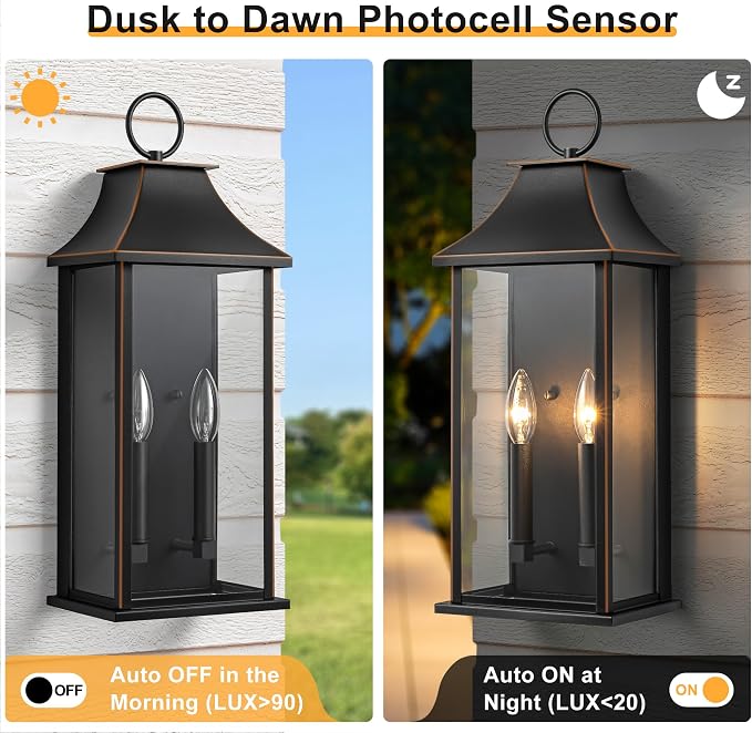 Dusk to Dawn Outdoor Wall Light, 20.6 Inch, Black with Brown Trim | Modern Exterior Light Fixture, Large Outside Wall Lantern Sconce, for House, Porch, Garage