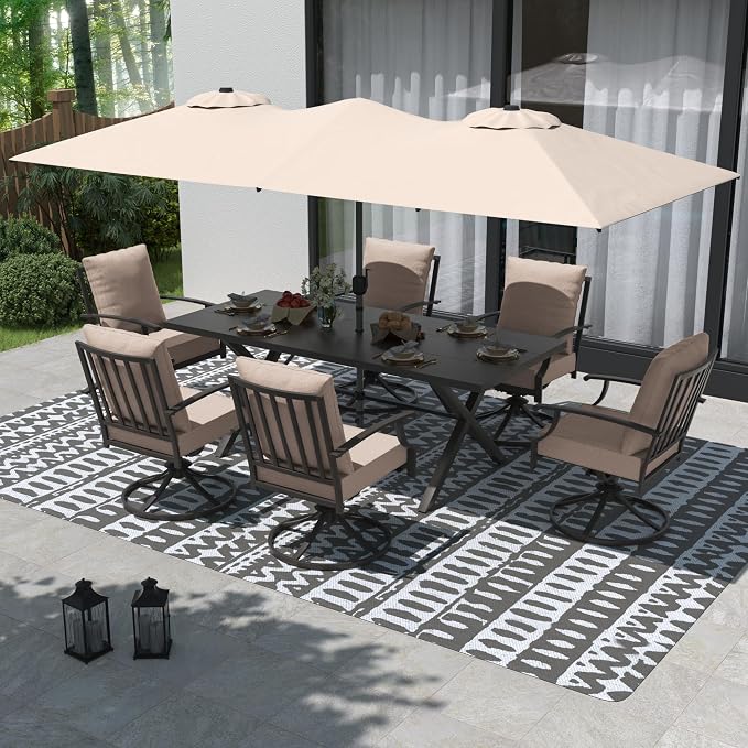 Gotland 7 Piece Outdoor Dining Table and Chairs for 6 with 14Ft Double-Sided Umbrella, Patio Swivel Dining Chairs for 6, Rectangular Patio Dining Table with Umbrella Hole Outdoor Patio Set