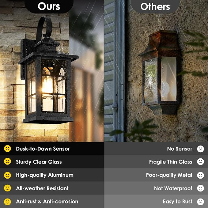 2-Pack Dusk to Dawn Outdoor Wall Light Fixtures, 100% Aluminum | Auto ON/OFF, Waterproof, Rust-Resistant, Sturdy Glass, Standard E26 Sockets, Easy to Install