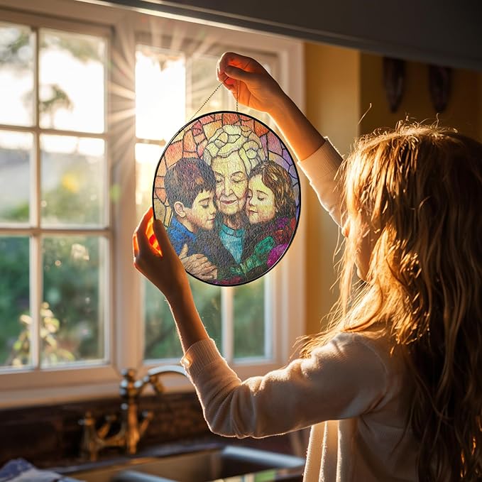 Custom Photo Stained Glass Window Hanging Suncatcher, Personalized Portrait Photo Style Family Picture Gift for Grandpa/Grandfather/Dad/Father, Custom Father's Day Birthday Decor