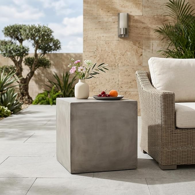 Outdoor Side Table Faux Marble End Table Faux Stone Travertine Small Coffee Table for Indoor Outdoor, Garden Stool Plant Stand for Porch, Backyard Patio 22" Square Grey