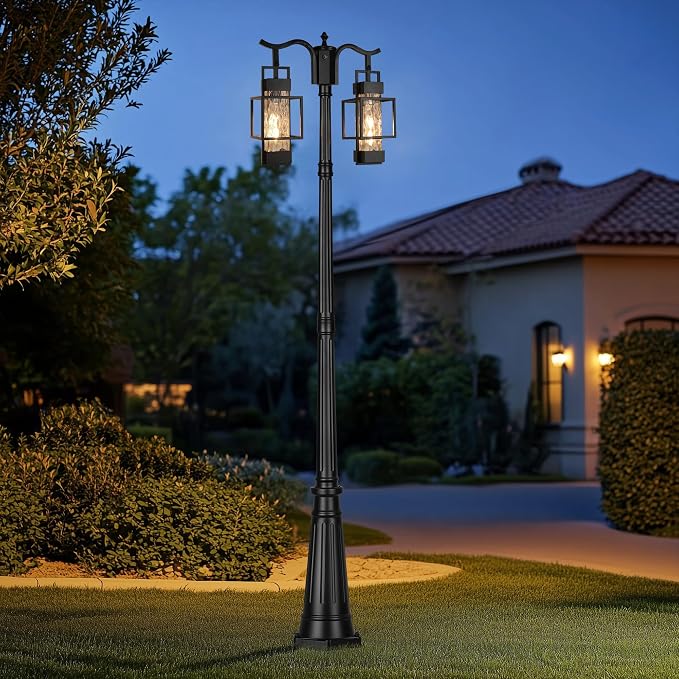 Dusk to Dawn Outdoor Lamp Post Light 2-Head, Hardwired Street Light Post for Outside Metal Pole Light Outdoor Lighting with Water Glass Shade for Garden Patio Backyard Walkway Driveway