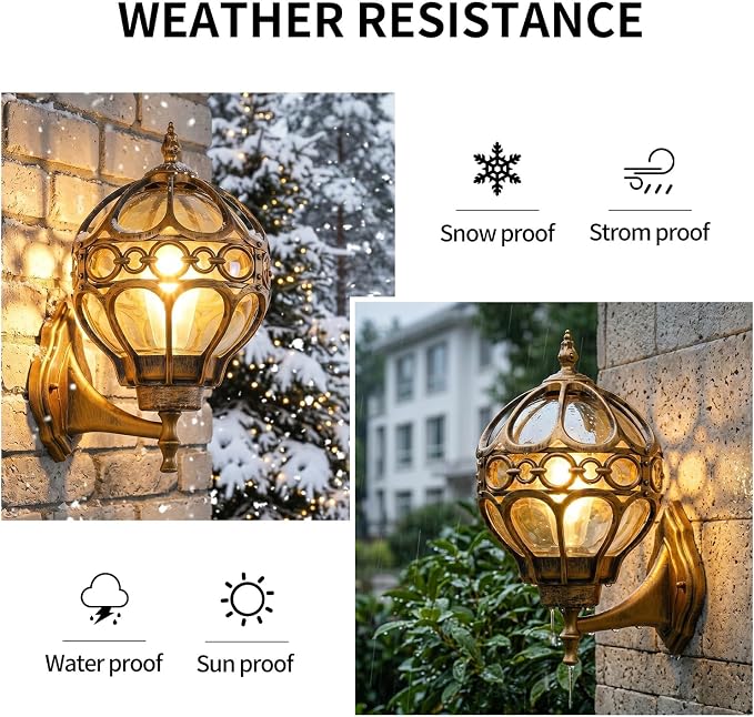 2 Pack Brushed Gold Globe Die Cast Aluminum Outdoor Wall Lights | Anti-Rust Waterproof Hardwired Exterior Wall Sconce with Amber Glass, Outside Wall Lantern for Patio, Porch, Backyard