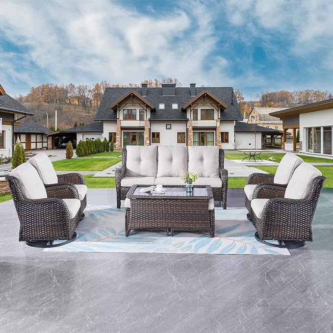 Rilyson Wicker Patio Furniture Set - 8 Piece Rattan Outdoor Sectional Conversation Sets with 4 Swivel Rocking Chairs,2 Ottomans,1 Sofa and 1 Coffee Table for Porch Deck Garden(Brown/Beige)