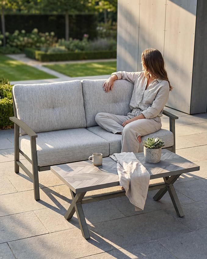 Patio Furniture Loveseat Sofa, Outdoor Aluminum Couch with 5.9'' Soft Cushion, All-Weather Outdoor 2 Seats Patio Furniture Sofa Couch for Garden, Poolside, Lawn, Limed Oak