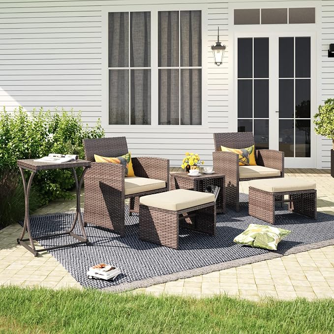 OC Orange-Casual 6 Piece Patio Wicker Furniture Set, Balcony All Weather Rattan Chair, with Space Saving Ottoman, Resin Nesting Coffee Table, Modern Design, Beige