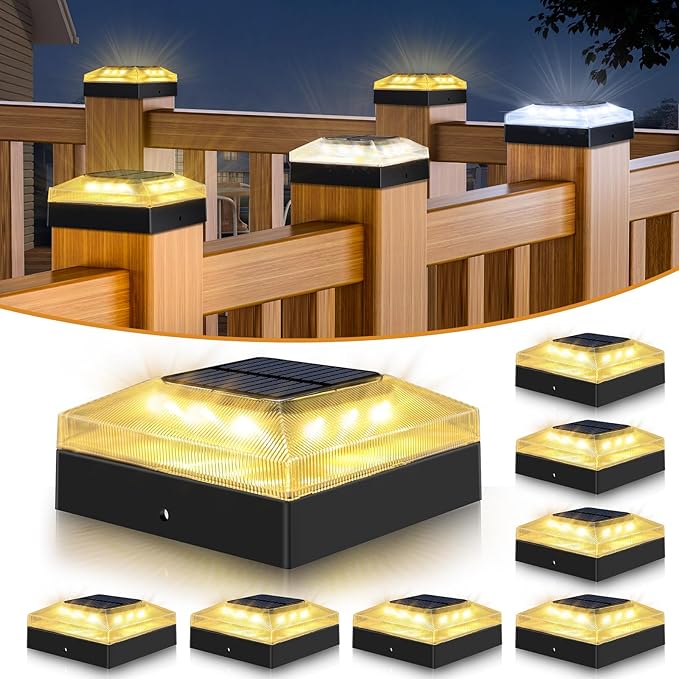 4x4 Solar Post Cap Lights Outdoor 8 Pack, 3 Color Modes/Dusk to Dawn/IP65 Waterproof, Fits 4x4 Vinyl/PVC Wood Posts Top, Black LED Fence Topper Light for Deck, Backyard