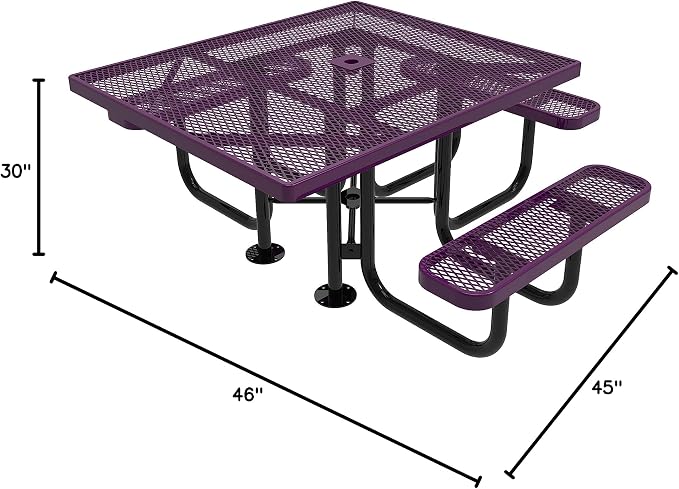 COATEDOUTDOORFURNITURE Heavy-Duty Portable ADA-Compliant Outdoor Picnic Table with Umbrella Hole, Expanded Metal Patio Dining Furniture Made in America (46" Square Top, Purple)