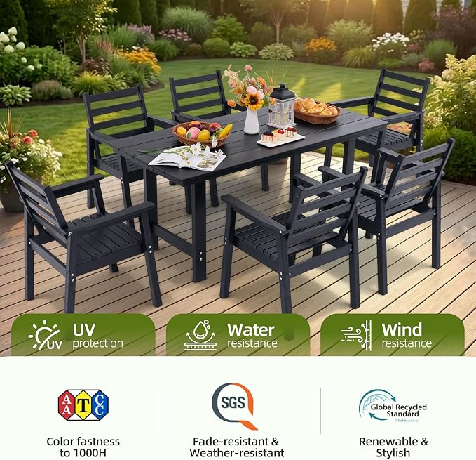 12-Piece Outdoor Dining Set, All-Weather HDPE Patio Furniture, Two 66.5" Slatted Table with 1.6" Umbrella Hole & 10 Ergonomic Armchairs, Heavy Duty 350lbs Capacity, UV Resistant, Black