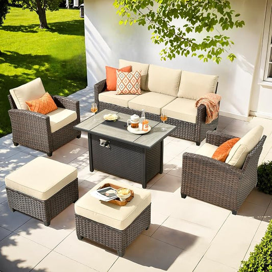 ovios 6 Pieces Patio Furniture Set, Outdoor Wicker Sofa Couch with 42" Fire Pit Table Comfy Cushions, All Weather Brown Rattan Conversation Set for Backyard Deck, Beige