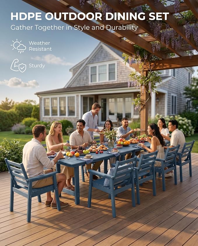 12 Piece HDPE Outdoor Dining Set for 10, Patio Dining Furniture Set with 2” Umbrella Hole, Weather Resistant Outdoor Table and Chairs for Garden, Poolside, Backyard, Deck