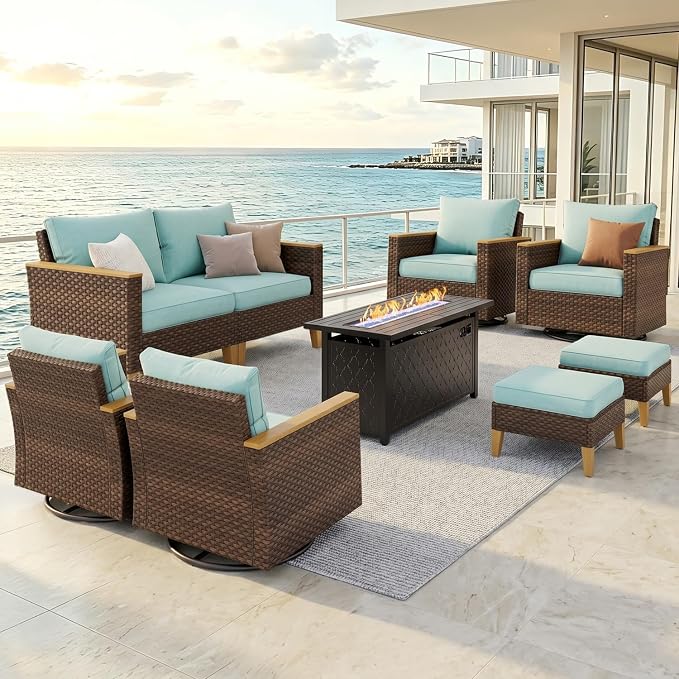 PHI VILLA Wicker Patio Furniture Set with Swivel Chairs, 9 Pieces Outdoor Conversations Set with 45" Fire Pit Table, Oversized Rattan Patio Sectional Sofa with Ottoman, Aqua Blue Cushion