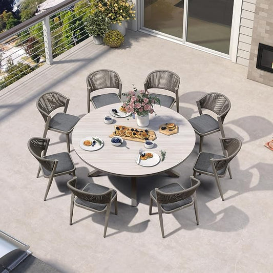 PURPLE LEAF 9 Pieces Round Dining Set Aluminum Frame and Wicker Rattan Patio Table and Chairs with Cushions for Backyard Garden Deck Grey