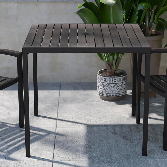 Flash Furniture Outdoor Steel Dining Table - Gray Wash Faux Teak Poly Slatted Top - Commercial Grade Dining Table with Black Frame - 35" Square - Umbrella Holder Hole
