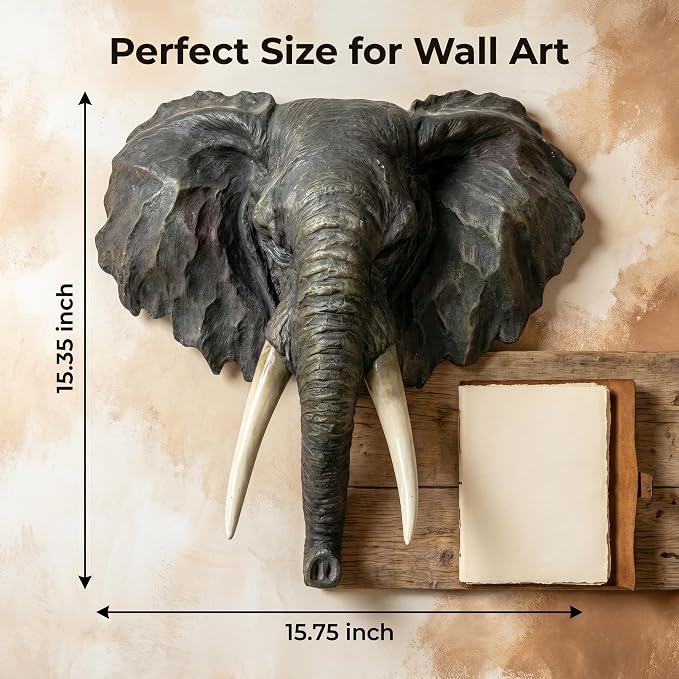 Elephant Head Wall Decor, 16 Inch | Large Resin, Faux Taxidermy Animal Mount Sculpture, Lifelike 3D Wildlife Statue, Safari Themed Rustic Cabin