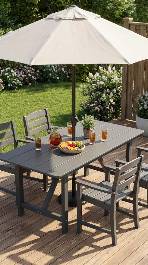 Amopatio HDPE Patio Outdoor Dining Table for 6 All Weather 67'' Rectangular Table with Umbrella Hole for Porch Deck Garden Backyard Poolside