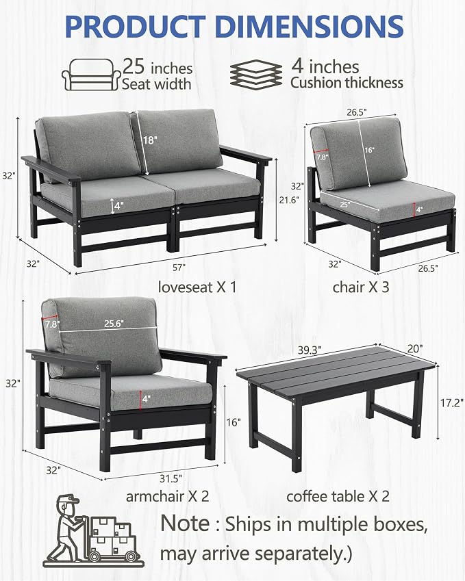 HDPE Outdoor Patio Furniture Set, 9-Piece Sofa Set with 5-Seat Couch, 2 Armchairs & 2 Coffee Tables, Weatherproof Conversation Set with Cushions, All-Weather Waterproof, for Garden, Porch & Backyard