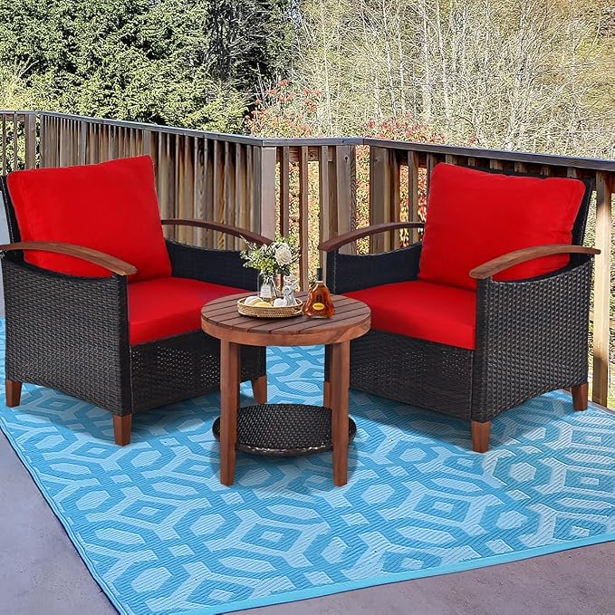 HAPPYGRILL 3 Pieces Patio Conversation Set Outdoor Rattan Wicker Sofa Set with Cushion and Acacia Wood Frame Table and Chairs Set for Garden Poolside Balcony
