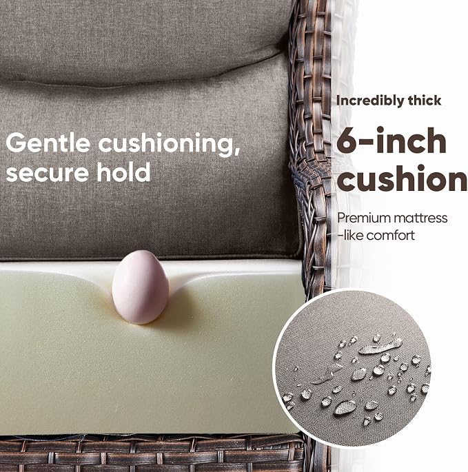 Swivel Patio Chairs sofa Set of 5 with 6" Thick Cushion - Wicker Outdoor Swivel Rocker Patio Chair ,Sofa/Glass coffee table, High Back Comfortable Outdoor Glider Chairs - Brown Wicker Grey Cushions