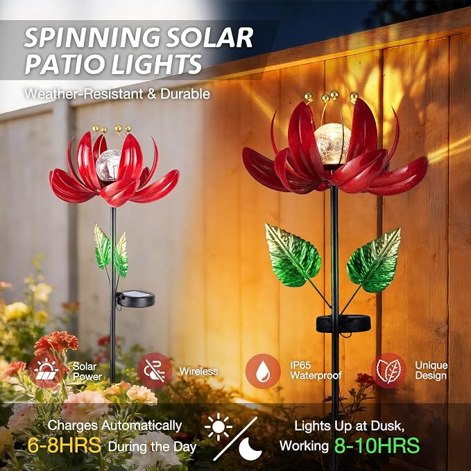 AIINY Solar Lights Outdoor Garden Decor, Solar Wind Spinner Yard Decorations Gifts for Outside, Lotus Windmill Pathway with LED Cracked Crystal Ball Waterproof Flower Sculpture for Patio Lawn