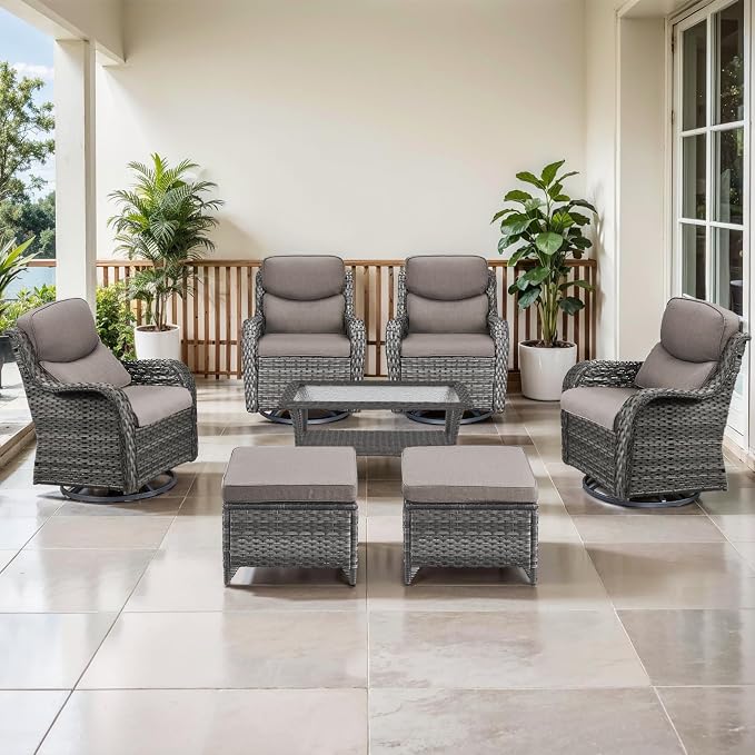Outdoor Swivel Rocker Patio Chairs Set of 4 with Coffee Table - 5" Thick Cushion 7 Piece Furniture Set All Weather Comfortable Wicker Conversation Set for Porch Deck - Gray/Gray