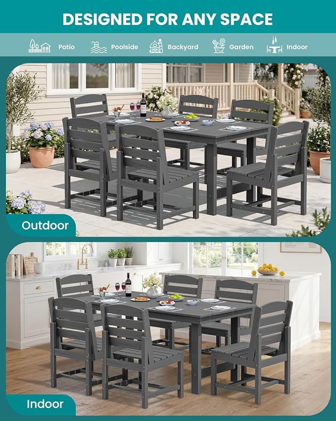 SERWALL HDPE Outdoor Dining Set for 10 with 2 Tables & 10 Chairs, Gray | Includes 2 Rectangular Tables(67") and 10 Chairs. All-Weather Resistant Dining Furniture