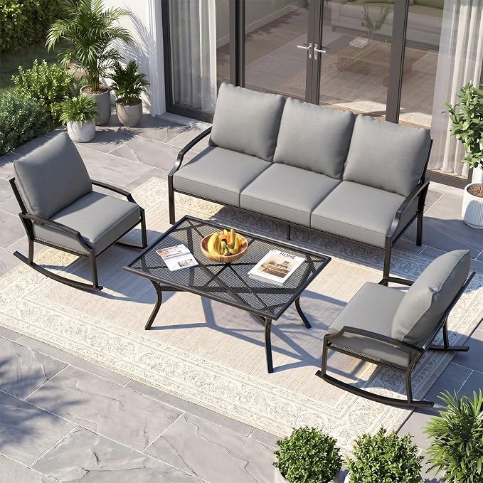AECOJOY Patio Furniture Set, 4-Piece Metal Mesh Rocking Set, Light Gray | Rust-Resistant Steel Frame, Breathable Mesh, 5" Cushions, 28D High-Density Sponge, for Porch, Deck, Backyard and Garden
