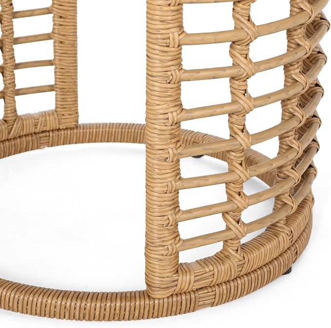 F-Light Rattan Side Tables, Outdoor Round Rattan Coffee Table with Tempered Glass Top for Porch Bistro Set, Brown