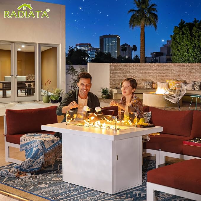 RADIATA 7 Pcs Modern Aluminum Outdoor Patio Furniture Set with Fire Pit Table Propane/Gas, Extra Large All-Weather Modular Sectional Couch, 29 inch Wide Deep Seating Conversation Sofa for Outside, Red