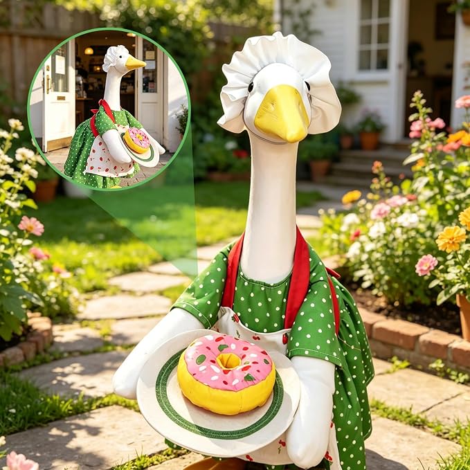 Chef Goose Outfit Green Polka Dot with Detachable Donut – Gift for Grandma, Mother – Spring Summer Garden Decoration for Cement Yard Goose