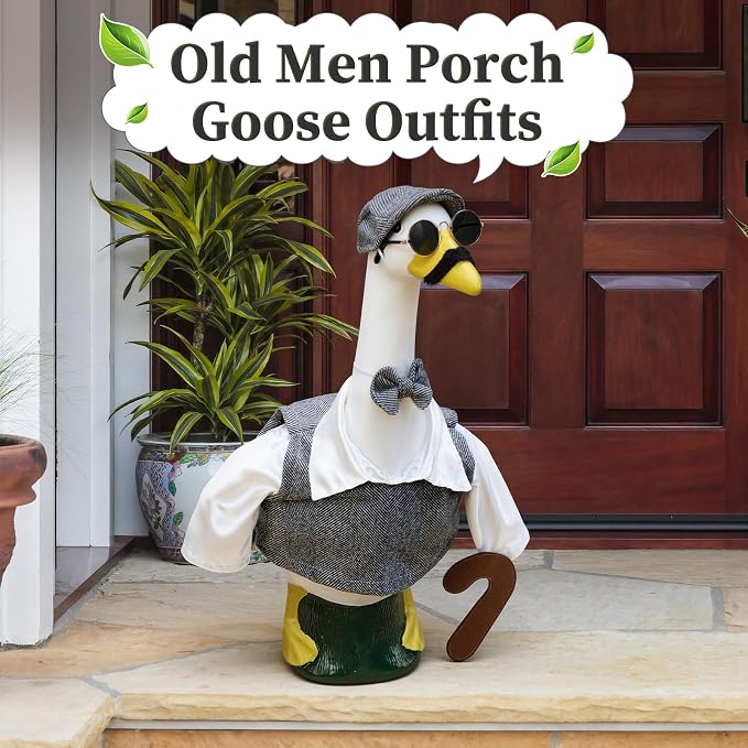 1 Set Old Man Porch Goose Outfit for 23 Inch Goose Statues | Includes Grandpa Porch Goose Clothes with Hat, Glasses, Mustache and Bow Tie for Summer Yard and Garden Displays