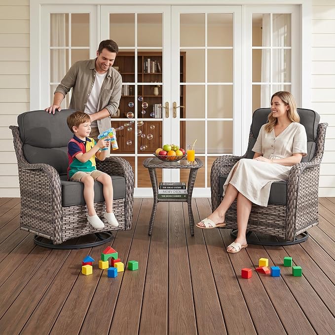 Luxury 6" Thick Cushion 11 Pieces Wicker Patio Furniture Set with 41”Fire Table, Outdoor Conversation Set with Swivel Rocker Chairs Set of 4 and Patio Couch for Deck Porch Yard and Poolside