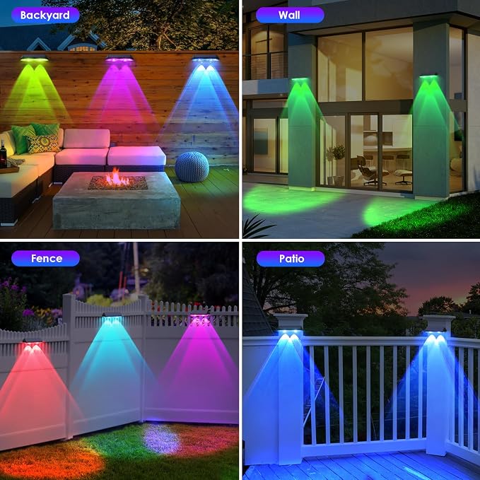 Solar Fence Lights Outdoor - Warm White & RGB 6 Color, Dusk to Dawn Solar Deck Light, Solar Lights Outdoor IP65 Waterproof, Garden Lights for Outside/Backyard/Railing/Step/Patio/Wall (8 Pack)