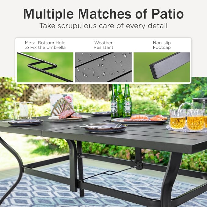 PHI VILLA 7 Pcs Outdoor Dining Set for 6&Fixed Swivel Chairs Combo | 60”Rectangular Black Metal Table with Umbrella Hole Patio Furniture Set for Patio, Deck, Backyard, Porch