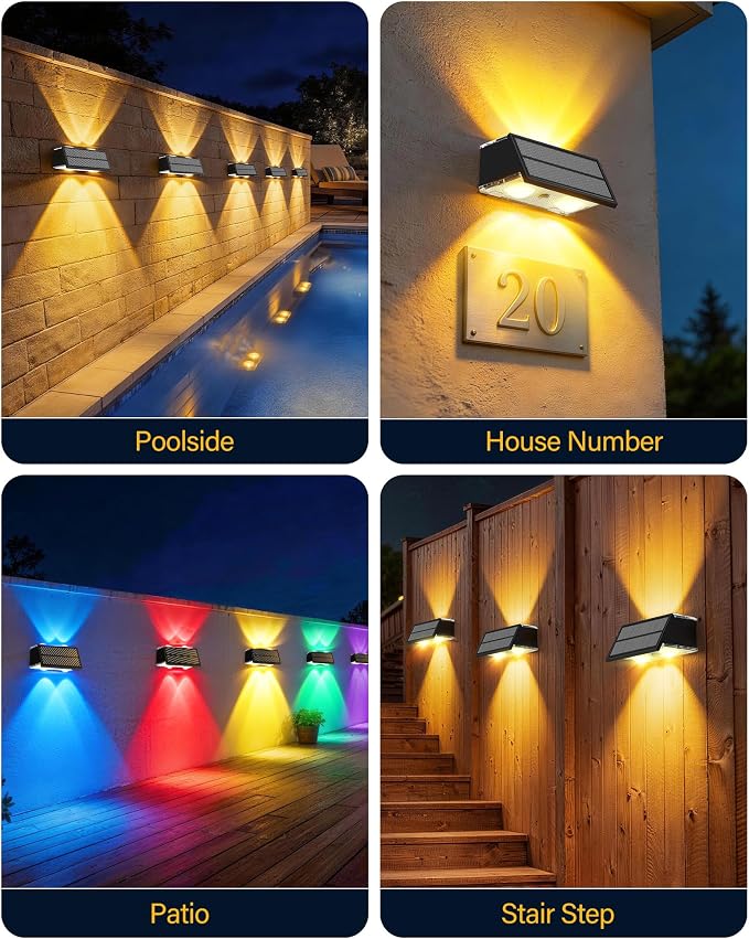 Solar Fence Lights Outdoor, 10 Pack Fence Solar Lights Waterproof | IP65 Fence Lights Solar Powered Up & Down LED Focus, 9 Color Modes, 12H Dusk to Dawn Glow for Pool/Patio/Backyard - Black