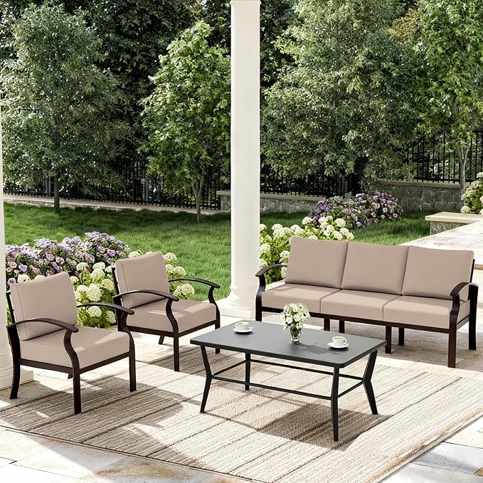 ALAULM Aluminum Patio Furniture Set with Coffee Table Rectangular，5-seat Outdoor Sectional Furniture w/5.1" Cushions，Patio Conversation Set for Porch, Backyard, Poolside-Sand